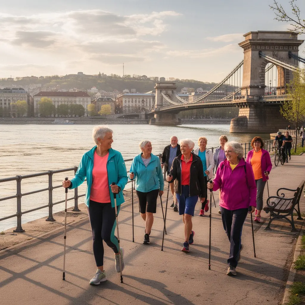 A résztvevők különböző eszközöket használnak, mint például súlyzók és jóga szőnyegek, a közös egészség érdekében.